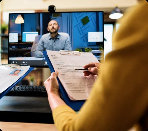 A recruiter reviewing a candidate's CV during a video interview